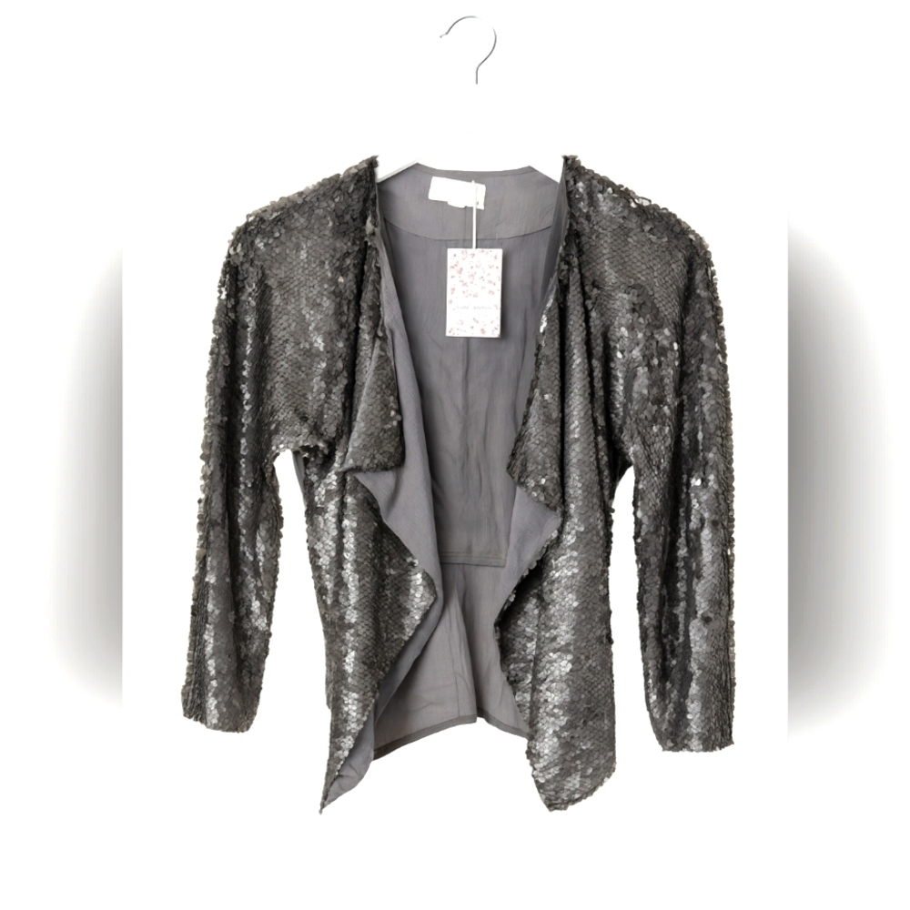 Free People Embellished Jacket Silver Sequin Waterfall Dark Grey Size Medium NWT